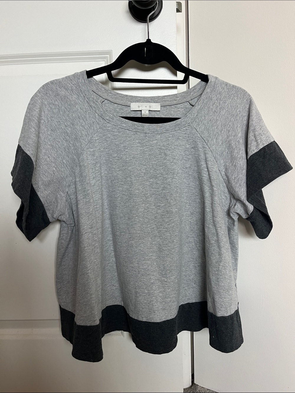 Anthropologie Eri + Ali Light Gray & Charcoal Short Sleeve Two-Tone Top